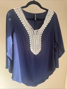 Chiffon Crochet-Trim Navy Blouse